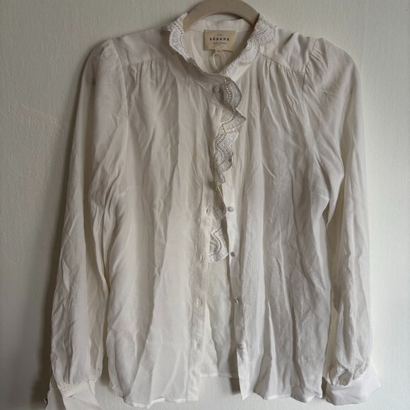 Sezane White Silk Button Up Ruffle Trim Top - Picture 1 of 3